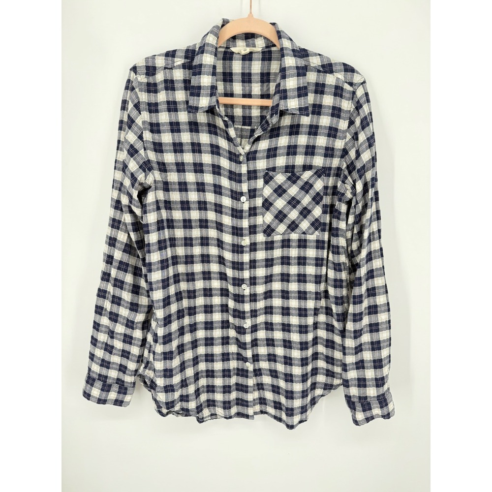 Lucky Brand Button Down Shirt Women Medium Navy White Plaid Long Sleeve Pocket